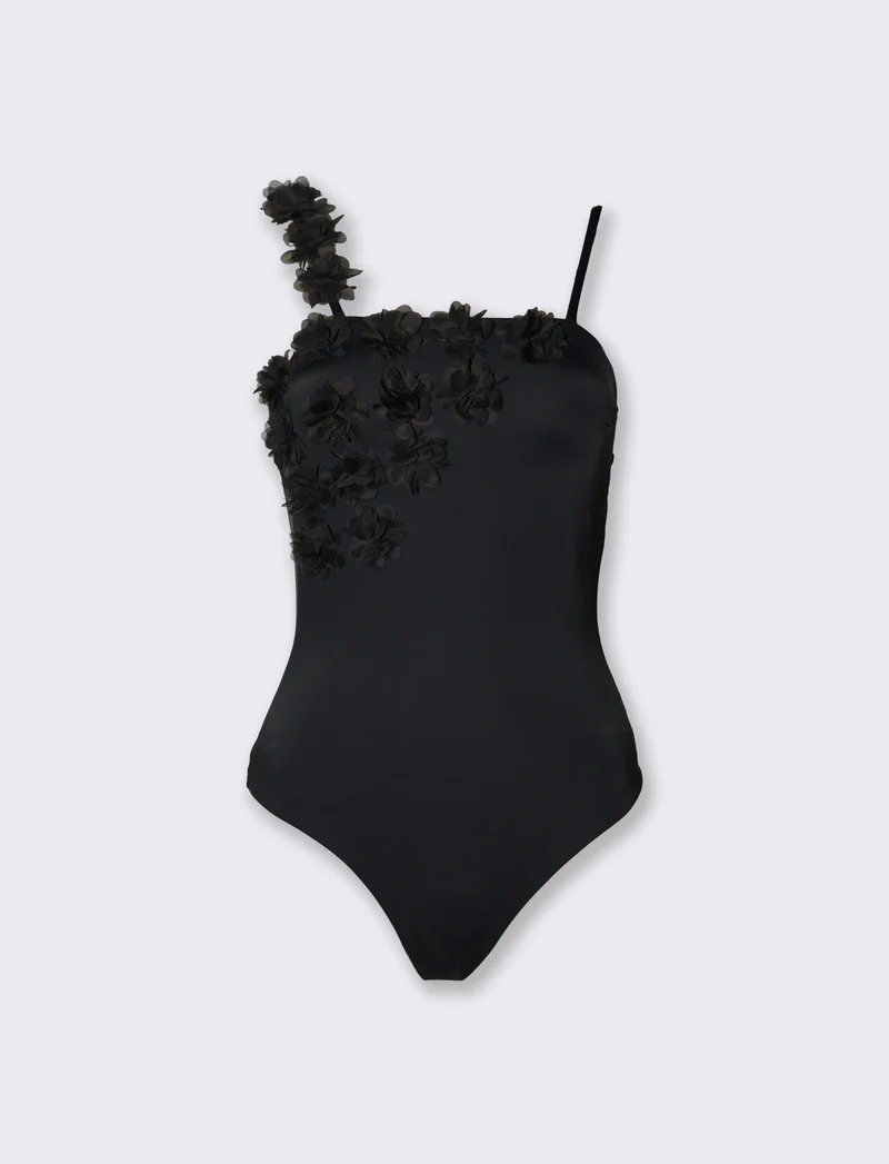 Costume mare donna intero con fiori - Nero