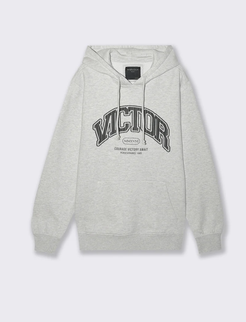 FELPA CON CAPPUCCIO CON STAMPA CRACK - Grigio melange