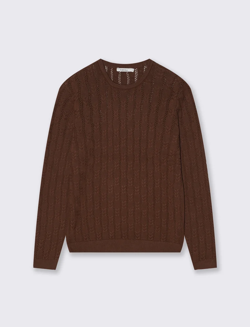 Pullover Girocollo a Treccia - Marrone