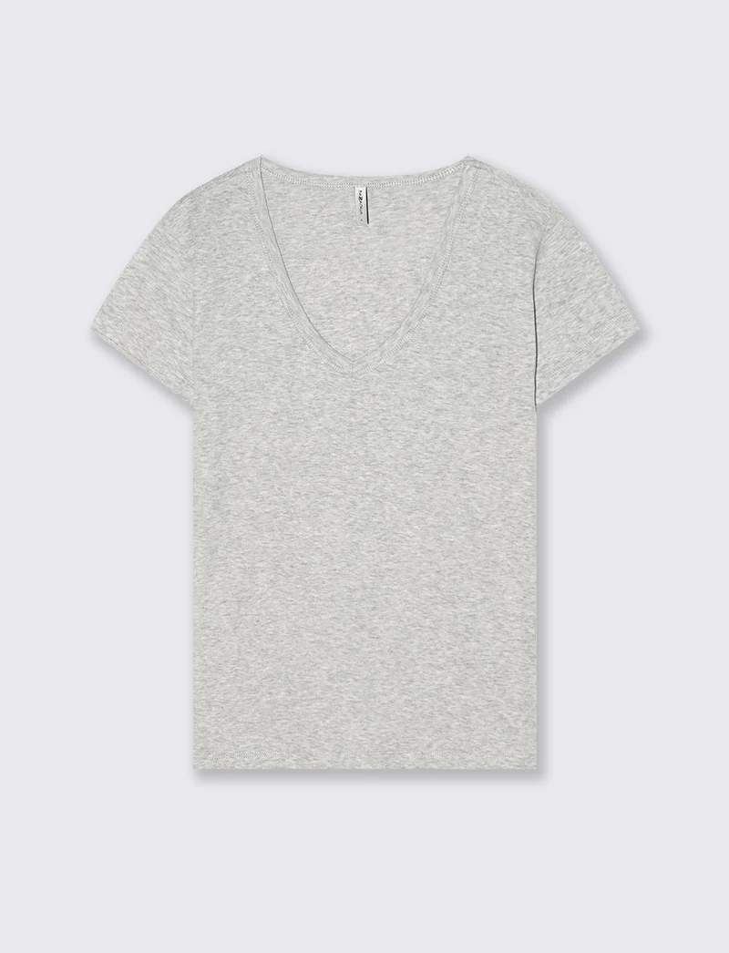 T-Shirt Basic Scollo a V e Coste - Grigio chiaro mel.