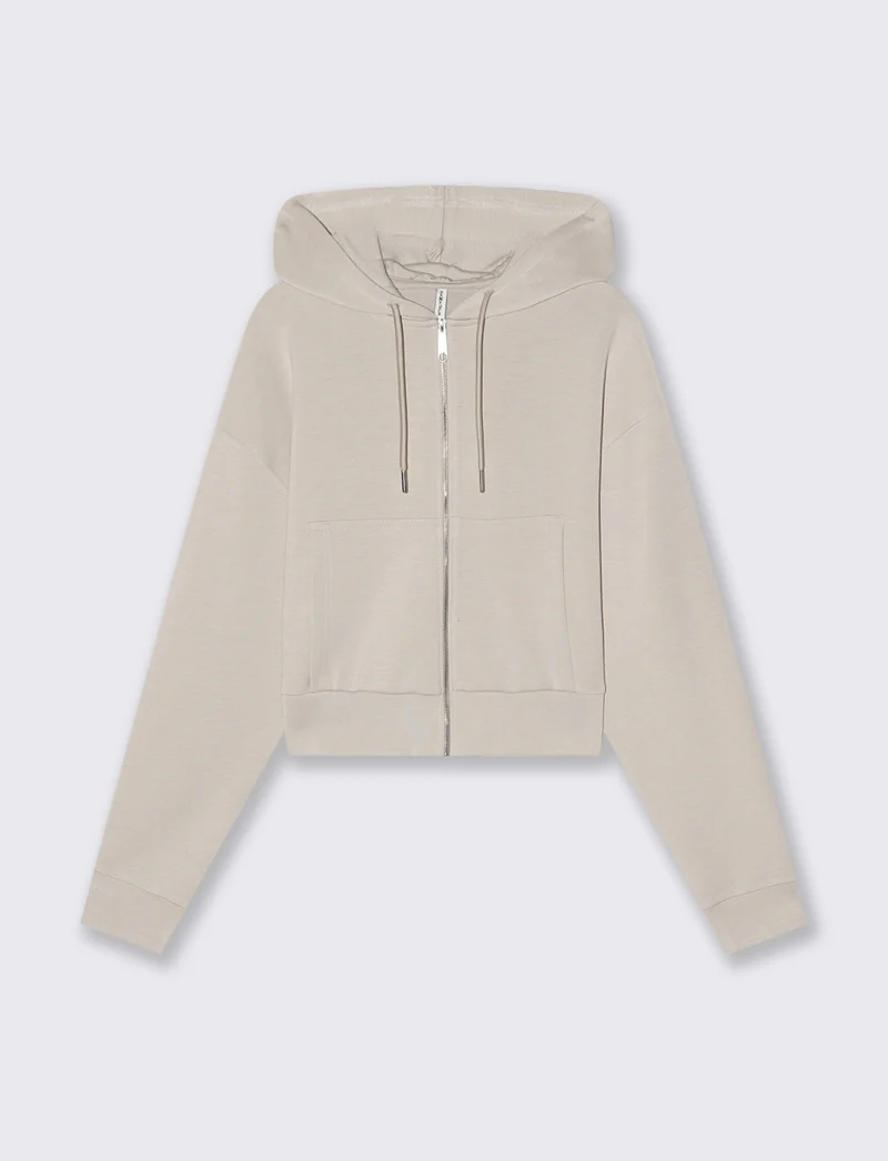 Felpa Crop con Cappuccio e Zip - Beige grano