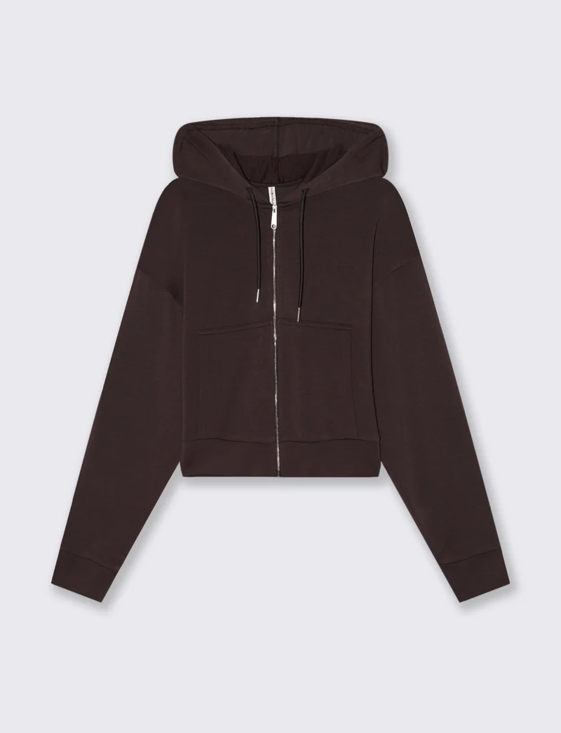 Felpa Crop con Cappuccio e Zip - Moro