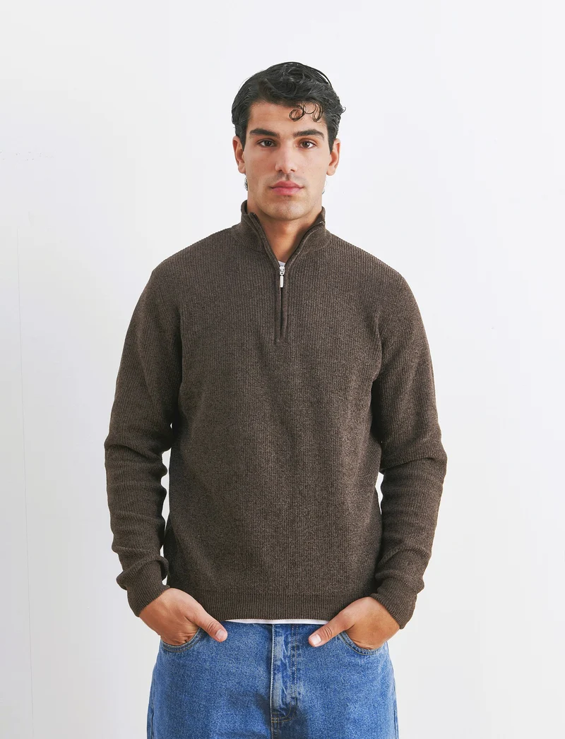 MAGLIA COLLO ALTO ZIP IN CINIGLIA - Moro