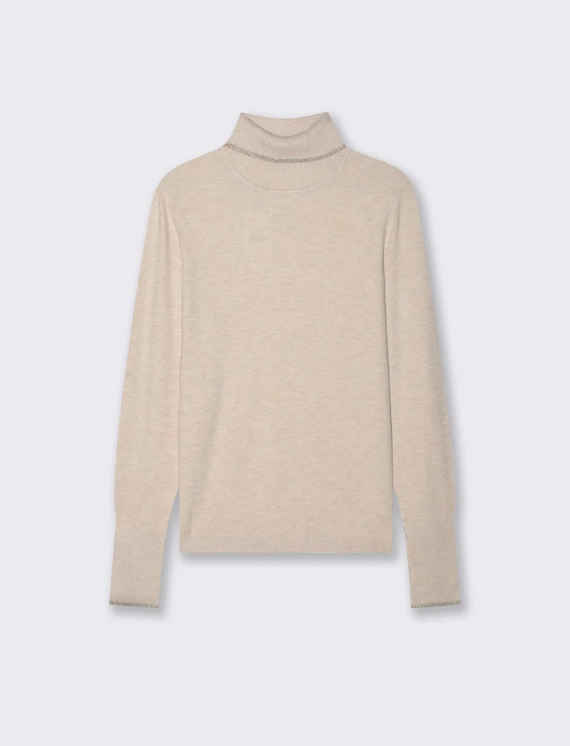 PULLOVER CON BORDINO CON TESSUTO CON FIBRA EFFETTO METALLO - Beige grano