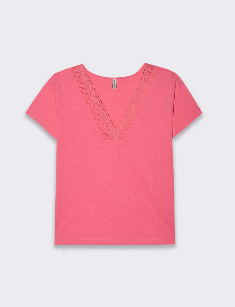 T-shirt con passamaneria sullo scollo da donna - Geranio