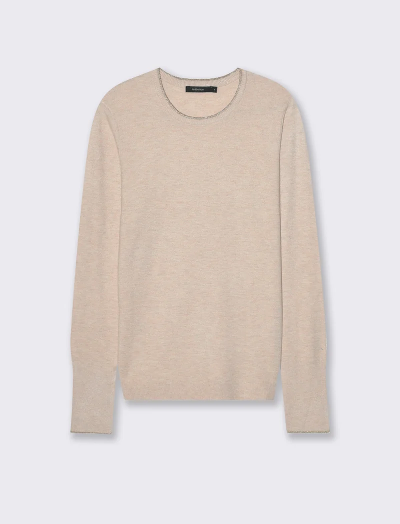 PULLOVER CON BORDINO IN TESSUTO CON FIBRA EFFETTO METALLO - Beige grano