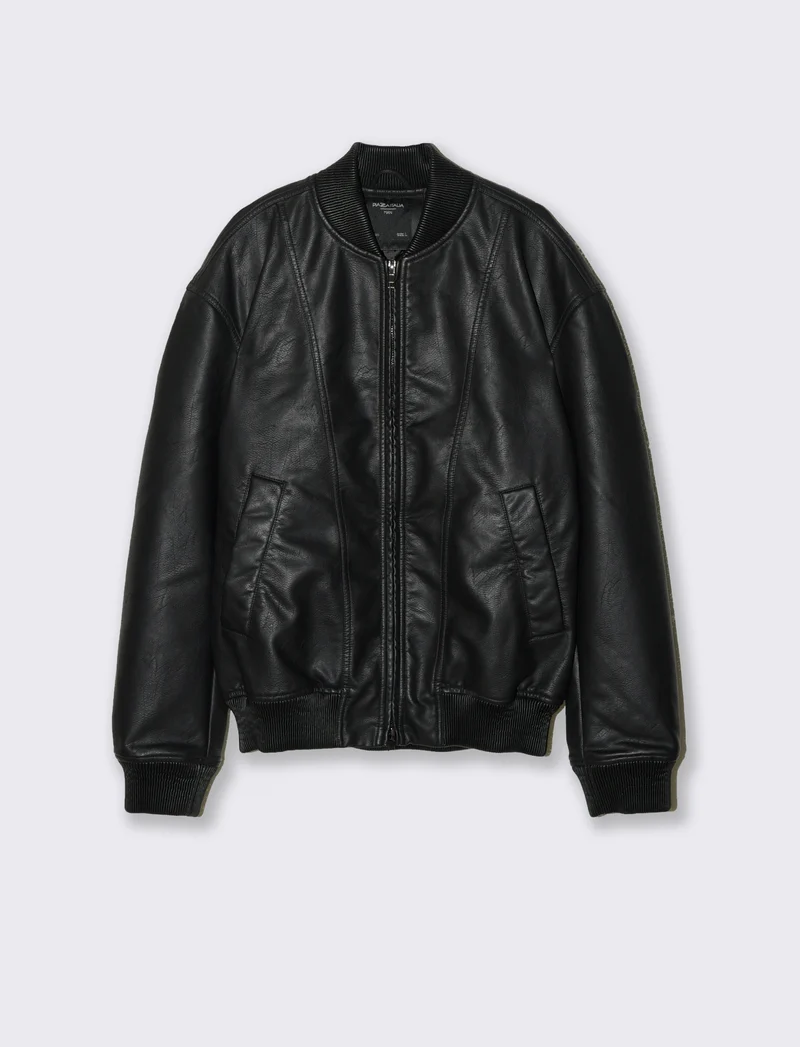 GIUBBOTTO BOMBER CON TAGLI EFFETTO PELLE - Nero