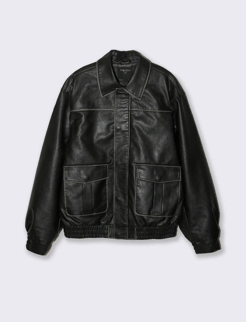 GIUBBOTTO AVIATOR EFFETTO PELLE - Nero