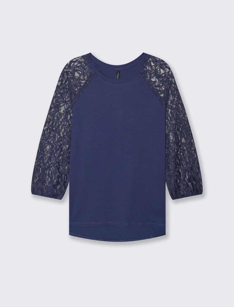 T-SHIRT CON MANICHE IN PIZZO - Blu scuro