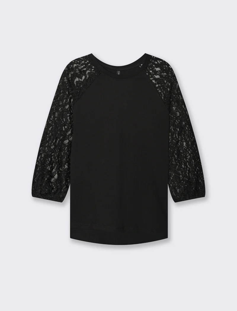 T-SHIRT CON MANICHE IN PIZZO - Nero