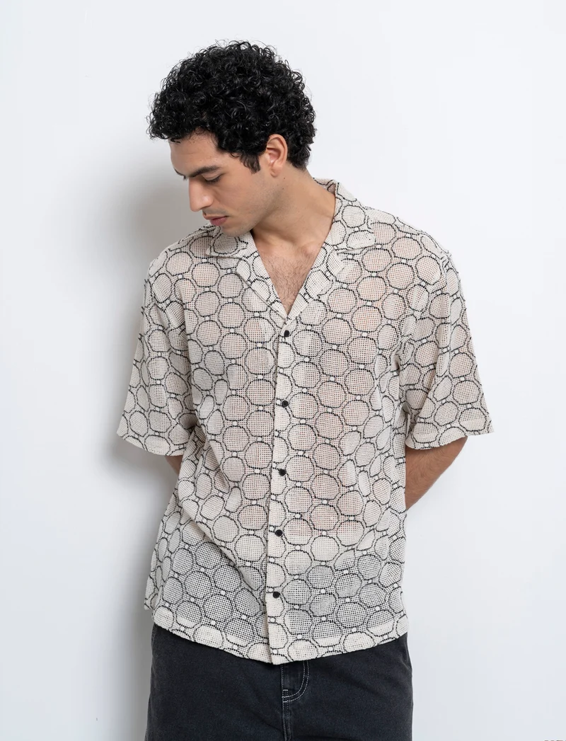Camicia crochet fantasia astratta da uomo - Bianco