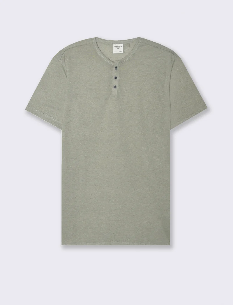 T-shirt serafino struttura misto lino da uomo - Verde