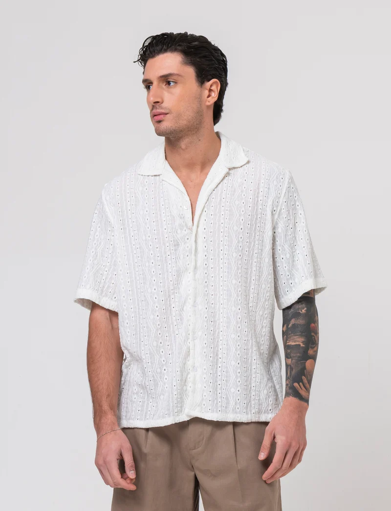 Camicia jacquard effetto crochet da uomo - Bianco