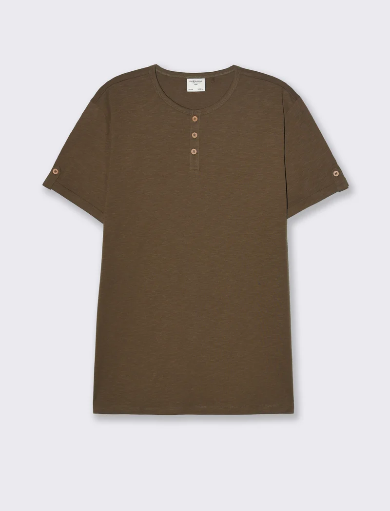 T-shirt in cotone con collo a serafino da uomo - Verde kaki