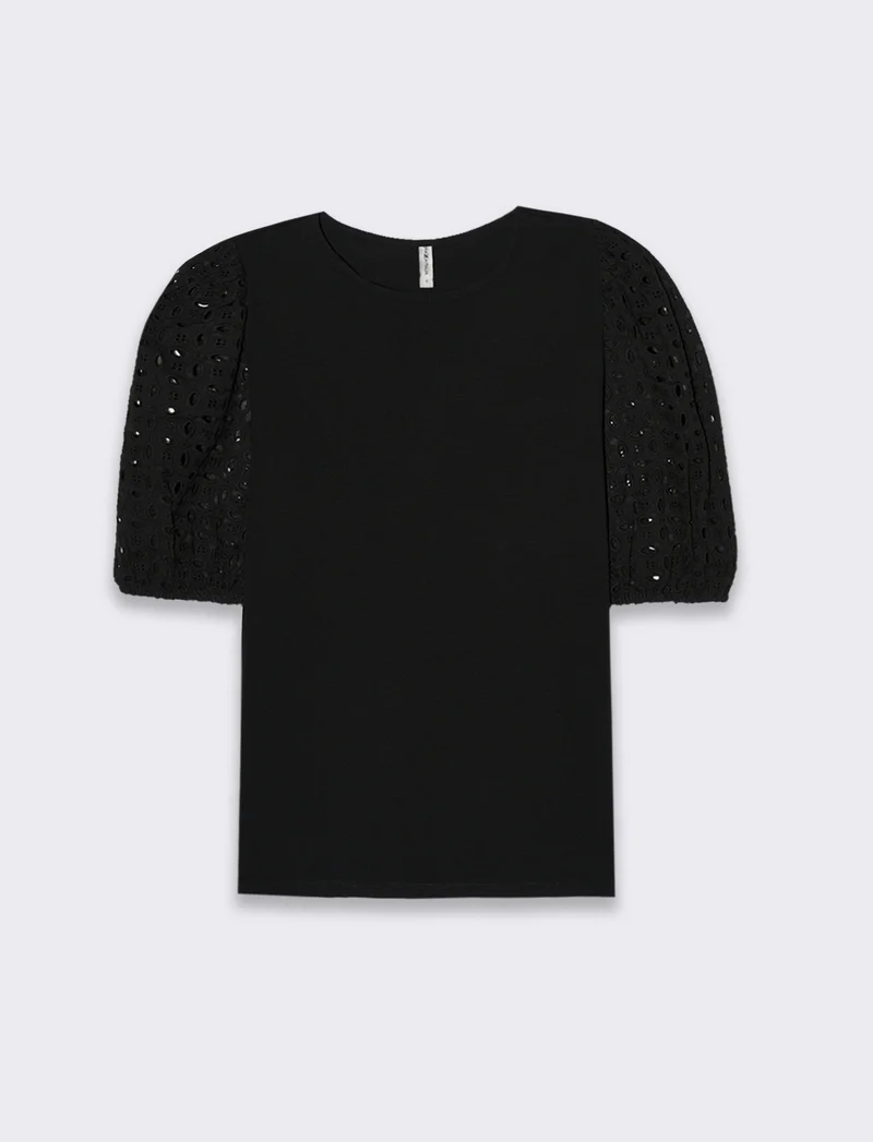 T-shirt con maniche in pizzo da donna - Nero