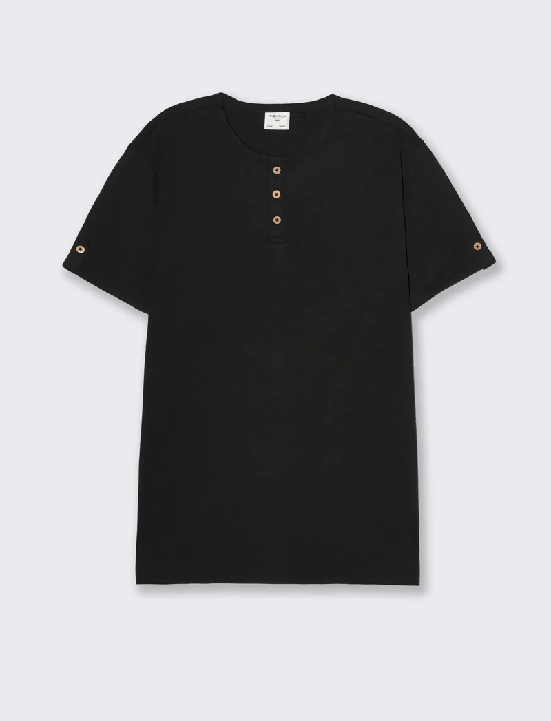 T-shirt in cotone con collo a serafino da uomo - Nero
