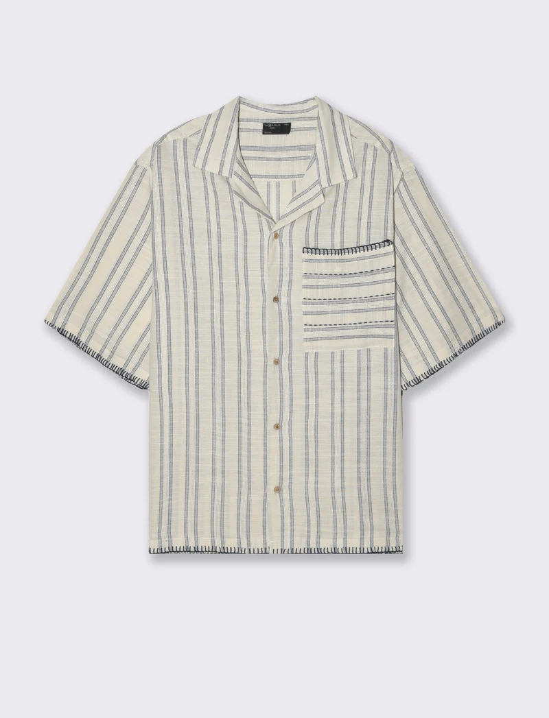 Camicia a righe effetto lino da uomo - Beige ecru