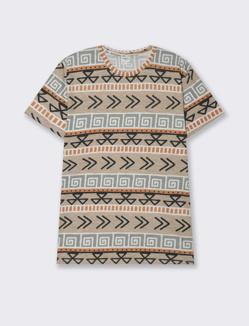 T-shirt in cotone slub con stampa azteca da uomo - Sabbia