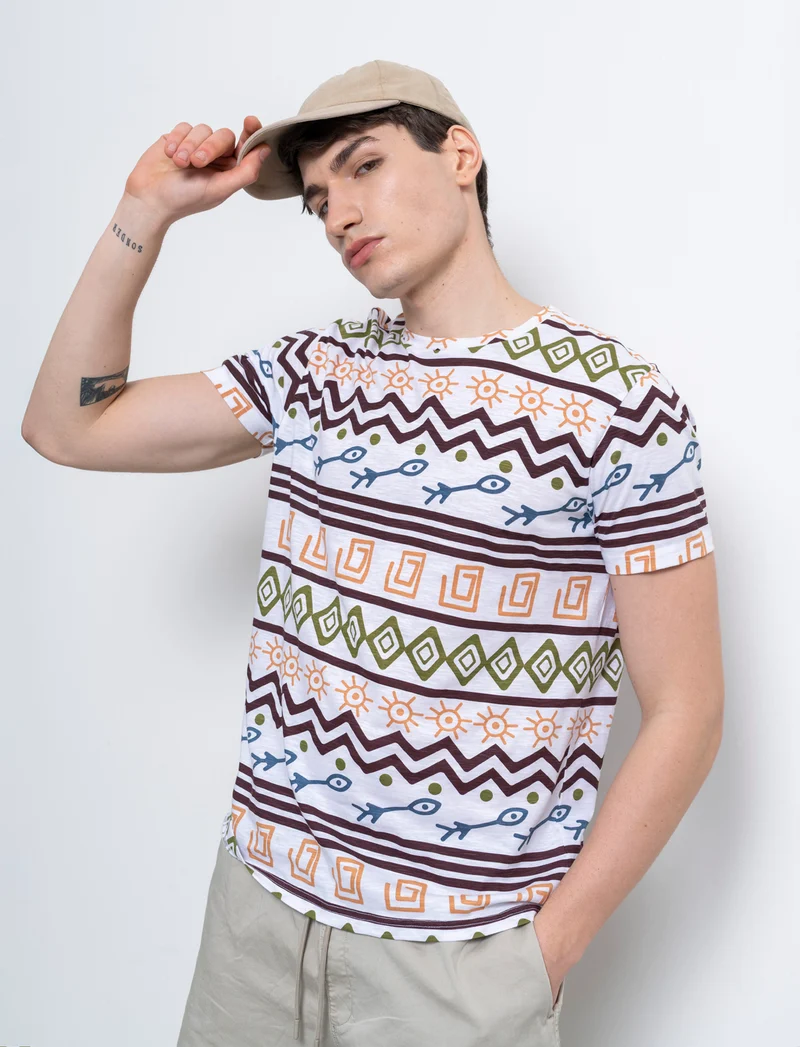 T-shirt in cotone slub con stampa azteca da uomo - Bianco