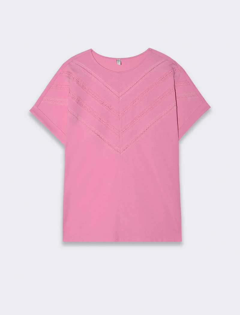 T-shirt con inserti di pizzo da donna - Rosa