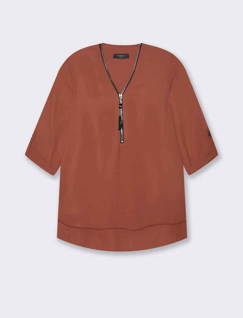 Casacca manica 3/4 con bottone e zip sul davanti. - Marrone tabacco