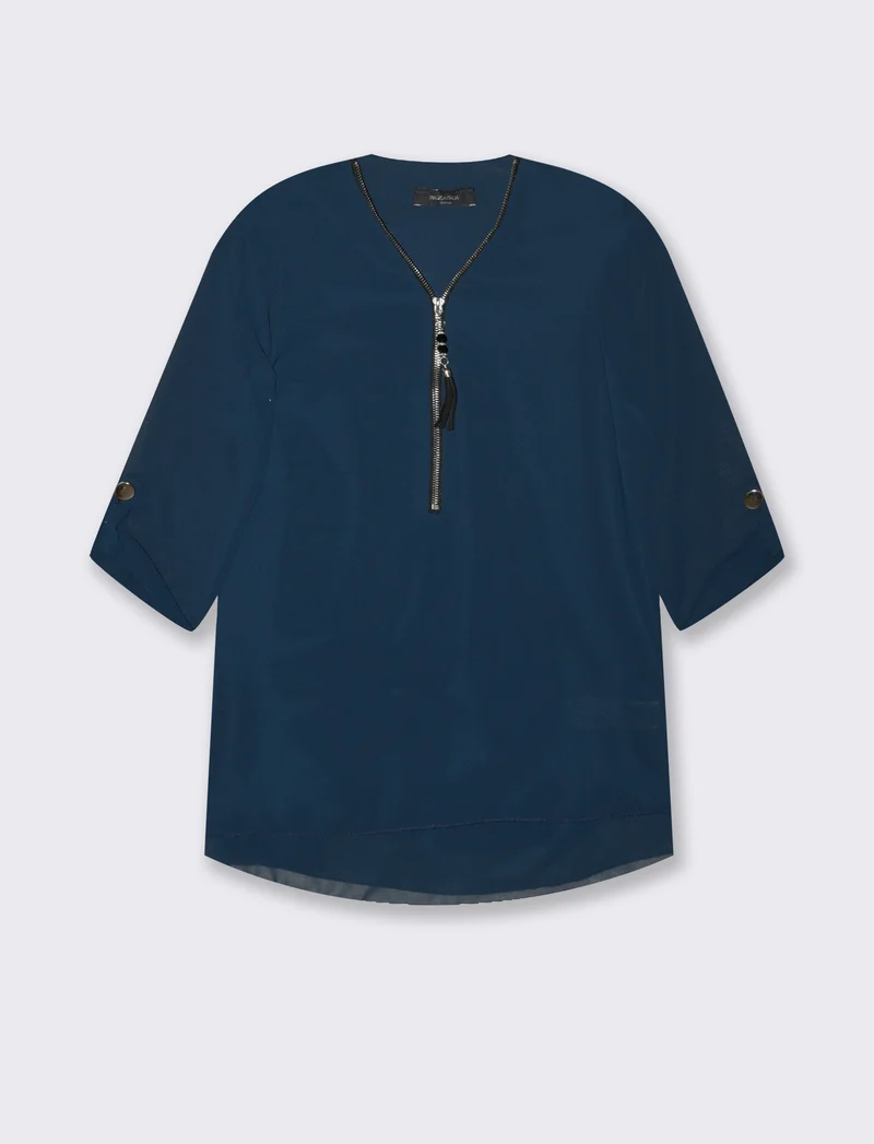 Casacca manica 3/4 con bottone e zip sul davanti. - Blu