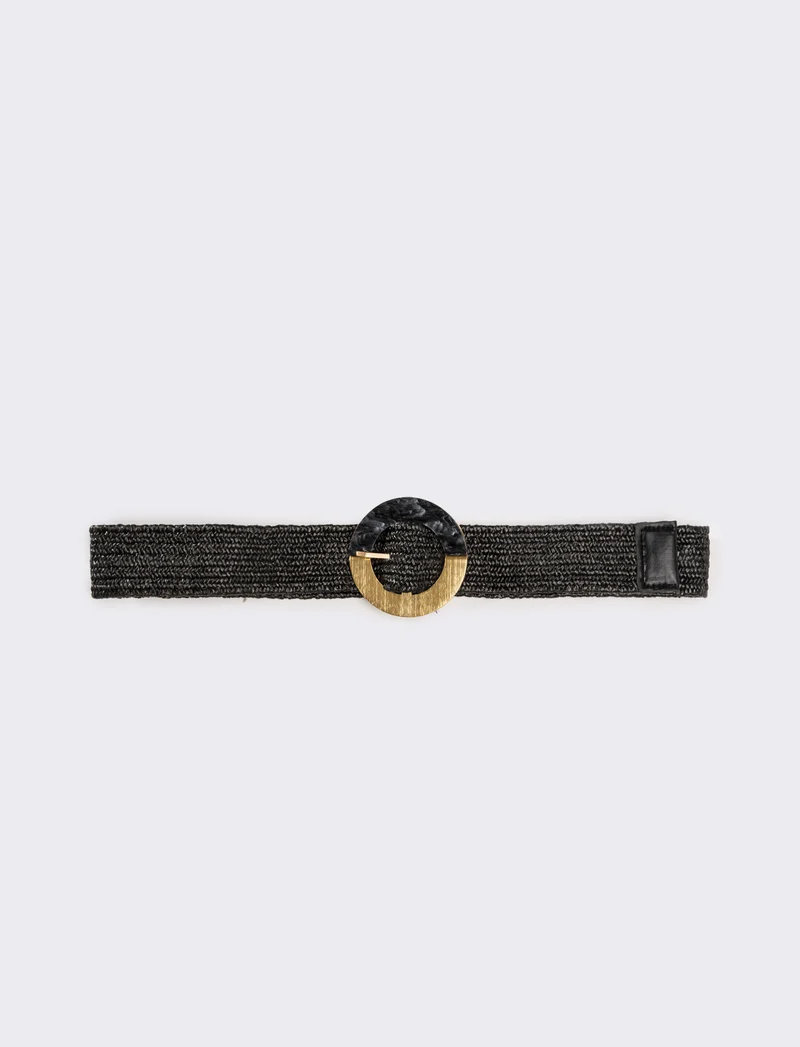 Cintura donna in paglia fibbia tonda - Nero