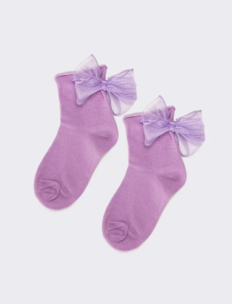 Calzino bambina con fiocco in tulle - Lilla