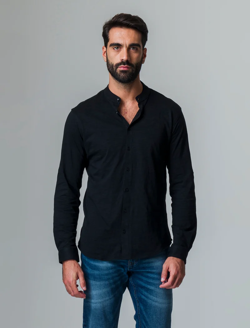 Camicia in jersey slub collo coreano da uomo - Nero