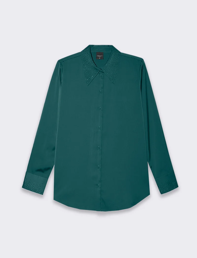 Camicia manica lunga in satin con strass da donna - Verde